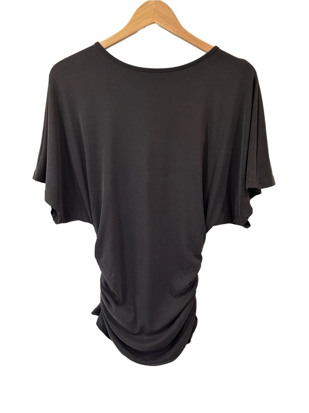 OGL Sandwashed Effortless Boatneck Batwing Sleeve Ruched top L grey taupe NWT